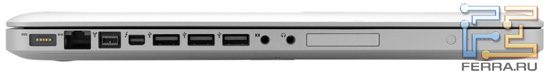 ����� ����� Apple MacBook Pro 17: MagSafe, RJ-45, Thunderbolt, FireWire-800, ��� USB, ����� �������, ExpressCard/34