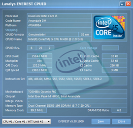 Toshiba Qosmio F60-10U Everest CPU Test