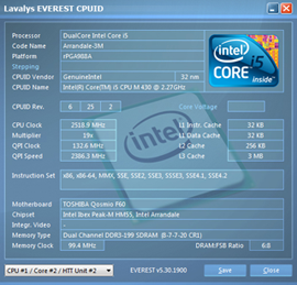 Toshiba Qosmio F60-10U Everest CPU Test